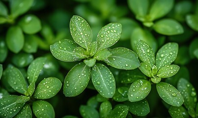 Poster - Lush green leaves glistening with droplets of water, showcasing the beauty of nature and the freshness of a vibrant garden.