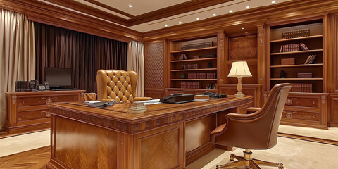 Aufkleber - Luxurious home office with large wooden desk and leather chairs