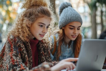 Two women are looking at a laptop together