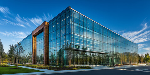 Aufkleber - Modern glass office building reflecting blue sky on a sunny day