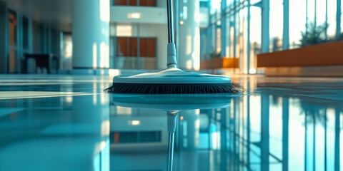 Poster - Cleaning brush scrubbing wet floor in modern building