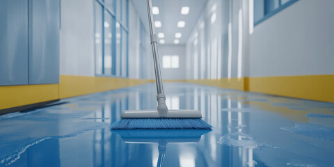 Poster - Cleaning brush scrubbing wet floor in modern office building corridor