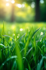 Poster - Lush green grass glistens with dew in the warm sunlight, creating a serene and vibrant natural setting.