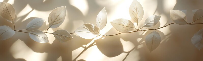 Poster - A delicate arrangement of light-colored leaves casting soft shadows against a warm, light backdrop.