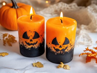 Poster - Halloween themed wax candles in orange and black on a light background