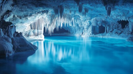 Sticker - An underground lake in a cave with stalactites hanging from the ceiling.