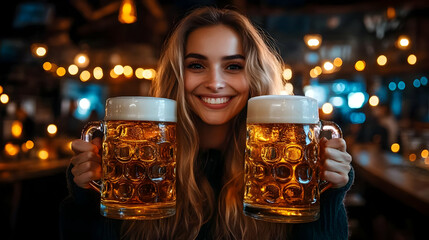 Woman joyfully holding two large beer mugs in a lively bar.