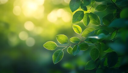 Poster - A close-up of vibrant green leaves glistening with dew, bathed in soft sunlight, creating a serene and refreshing natural atmosphere.