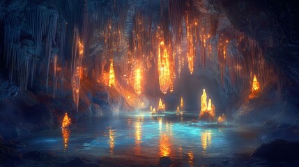 Wall Mural - an underground lake with glowing stalactites and stalagmites.