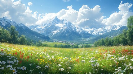 majestic snow-capped mountains rise above a vibrant wildflower meadow under a blue sky.