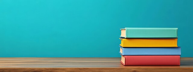 Poster - A stack of colorful books on a wooden table with a blue background.