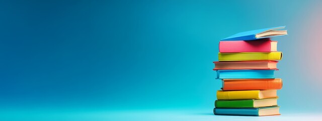 Poster - A stack of colorful books against a blue background.