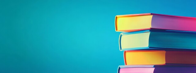 Poster - Stack of colorful hardback books on a blue background.