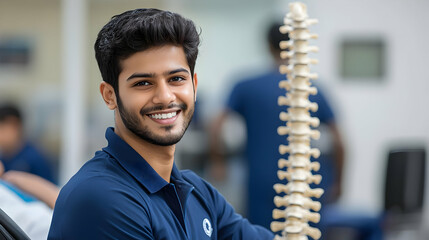 Young man smiling while holding a model of a human spine.