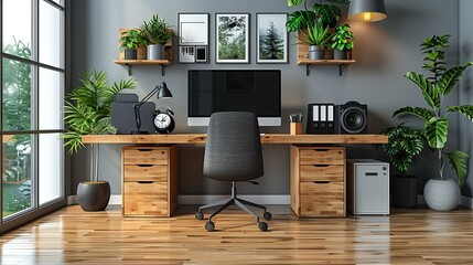 Poster - Stylish Office Setup: Minimalist desk with modern gadgets, perfect for showcasing productivity, efficiency, and contemporary work environments in a professional setting. High resolution Illustration,