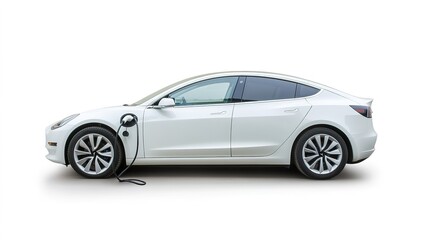 Modern electric car charging at a station on a clean white background. This sleek and minimalist illustration highlights the concept of green energy, sustainable transportation, 