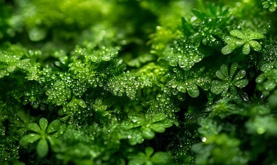 Poster - A close-up of vibrant green moss with dew droplets, showcasing a lush, textured landscape of natural greenery.