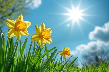 Wall Mural - three yellow daffodils bloom against a bright blue sky and sunshine.