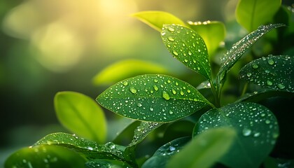Poster - A close-up of vibrant green leaves glistening with water droplets, illuminated by soft sunlight, creating a refreshing and serene natural atmosphere.