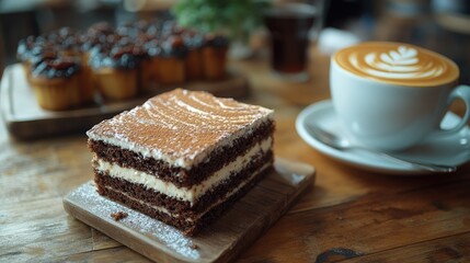 Delicious tiramisu cake with coffee beans being served in cafe