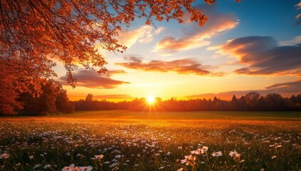 Wall Mural - sunset over a field of wildflowers.