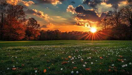 Wall Mural - a field of white wildflowers bathed in the golden light of a stunning sunset, with a forest in the b