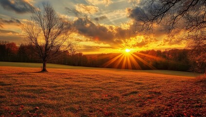 Wall Mural - a golden sunset with sun rays shining through the clouds, illuminating a field and forest with scatt