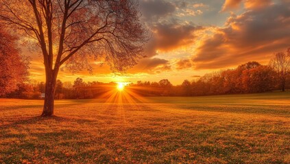 Wall Mural - a lone tree stands tall in a field as the sun sets in a fiery sky, casting long shadows and illumina