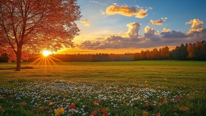 Wall Mural - sunset over a field of wildflowers with a lone tree in the foreground.