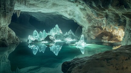 Wall Mural - crystal formations in a cave reflect in a still pool of water.