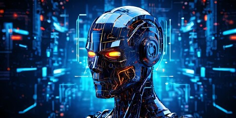 Poster - A robot with glowing eyes and a head with a pair of headphones