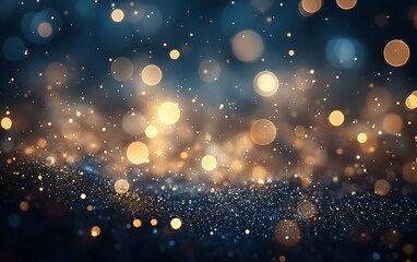 Fototapete - An enchanting abstract background featuring shimmering bokeh lights in gold and blue hues, creating a magical and festive atmosphere.