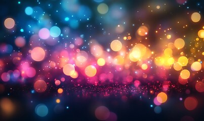 Fototapete - A vibrant display of colorful bokeh lights against a dark background, creating a magical and festive atmosphere.