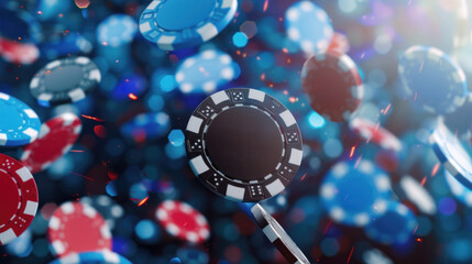 Colorful poker chips and playing cards scattered on a vivid blue background.