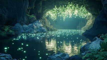 Wall Mural - glowing light reflects on the water surface in a dark cave.