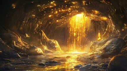 Wall Mural - golden waterfall flows into a cave filled with glowing rocks.