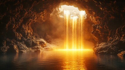 Wall Mural - golden waterfall inside a dark cave.