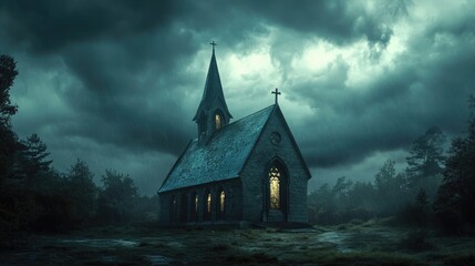 Wall Mural - chapel in dramatic stormy atmosphere
