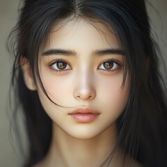 Poster - A stunning closeup shot of an Asian girls face, showcasing vibrant features and soft lighting for a captivating look.