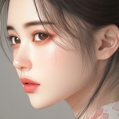 Capture a stunning hyperrealistic portrait of an Asian model showcasing her exquisite facial features and captivating gaze.