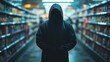 © ChimE - A hooded suspect lurks ominously in a retail aisle, capturing the  reality of theft in a nighttime setting.
