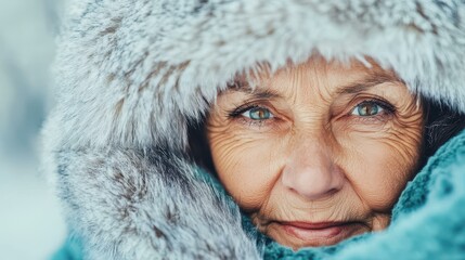 An elderly woman dons a cozy fur hat and coat, adding warmth to her graceful presence against a blurred backdrop.