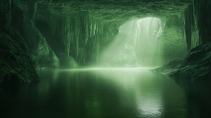 Wall Mural - mysterious green cave with a glowing opening, a river flows through it, and icicles hang from the ce