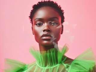 Poster - Vibrant Abstract Portrait of a Model in a Green Dress Against a Pink Backdrop