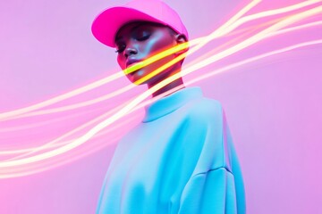 Poster - Abstract Fashion Portrait with Neon Lights and Pastel Colors in Symmetrical Composition