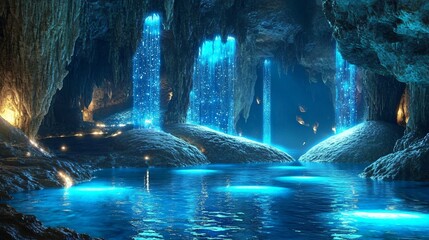 Wall Mural - mystical blue waterfalls cascade down the rock face of a dark cave, creating a glowing pool of water
