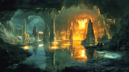 Wall Mural - mystical cave with a glowing lake and stalagmites.