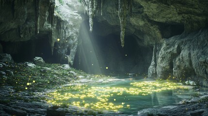 Wall Mural - mystical cave with a glowing pond and light shining through the opening.