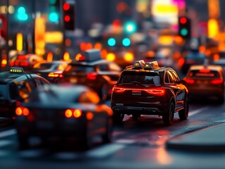 A black SUV taxi drives through city traffic at night.