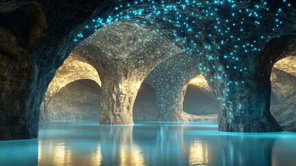 Wall Mural - mystical cave with glowing lights reflecting on a still lake.